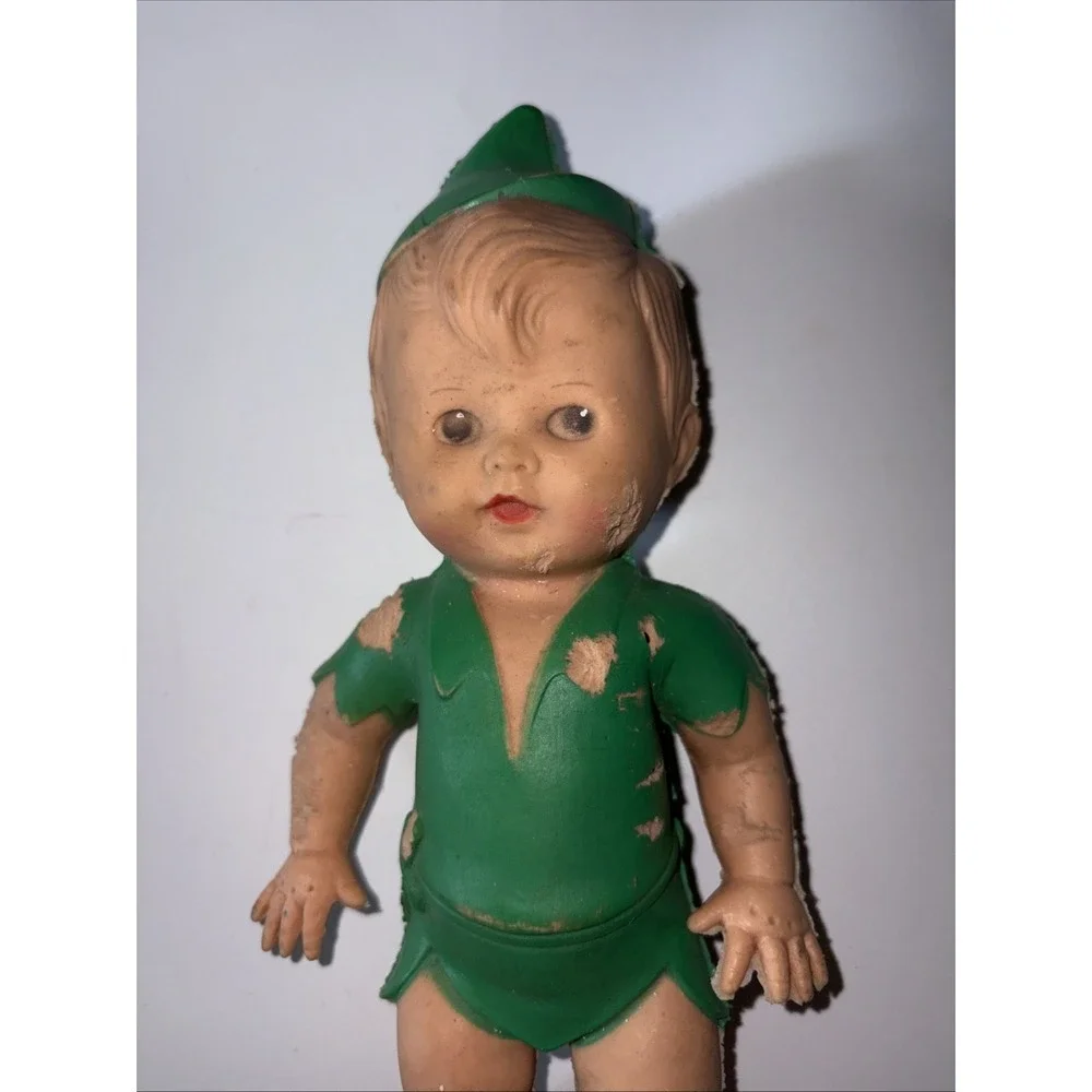 Vintage 1950's Peter Pan Squeaker Doll Figurine The Sun Rubber Co. Damaged
